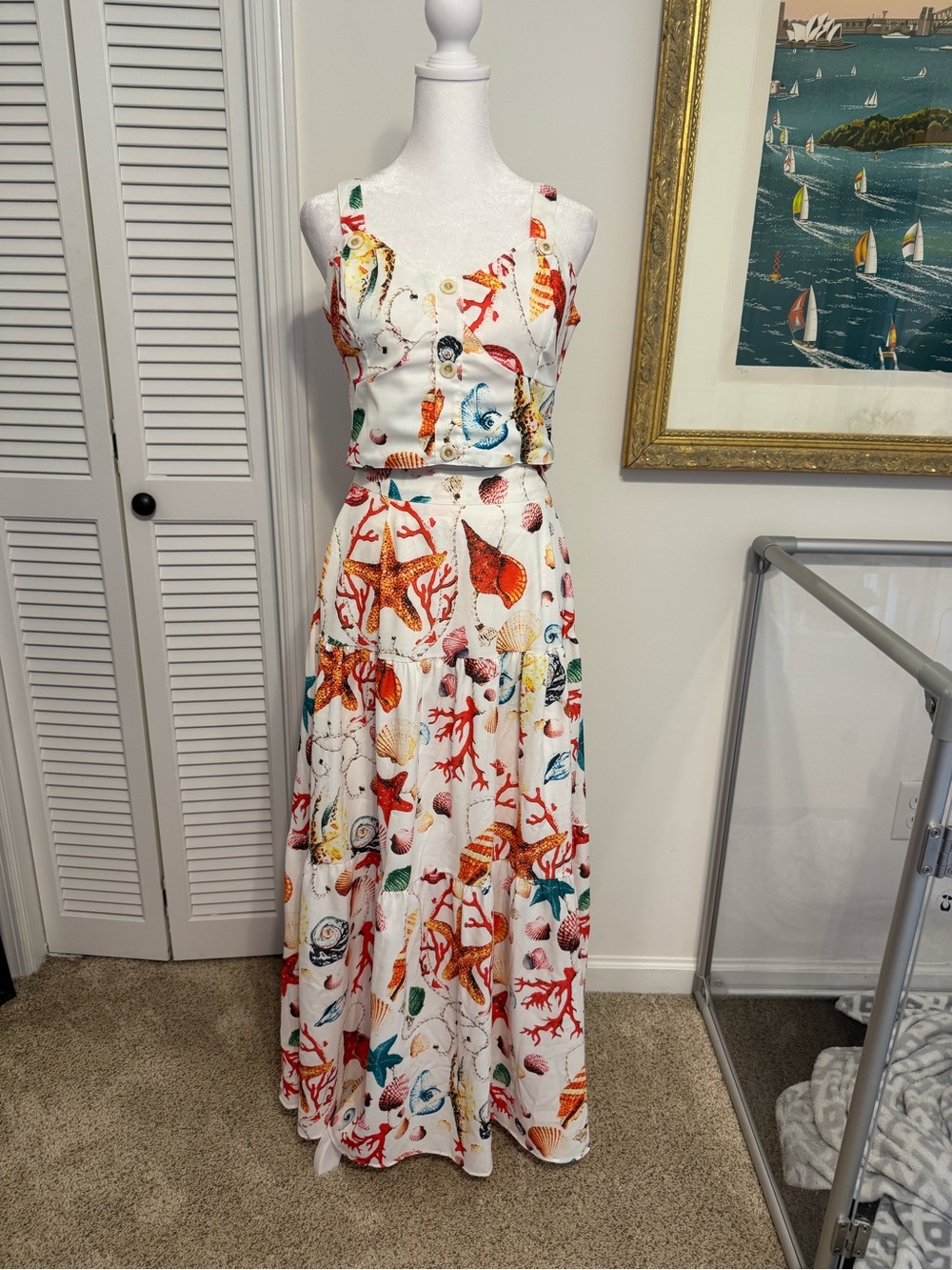 White Seashell & Coral Print Maxi Dress